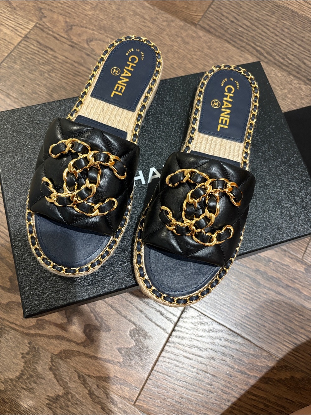 CHANEL Black Quilted Leather Slide Mules with Gold Chain CC